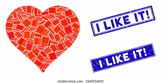 Mosaic favourite pictogram and rectangle seal stamps. Flat vector favourite mosaic pictogram of random rotated rectangle elements. Blue caption seal stamps with grunge texture.