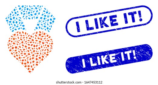 Mosaic favourite and rubber stamp watermarks with I Like It! text. Mosaic vector favourite is created with randomized ellipse parts. I Like It! stamp seals use blue color,
