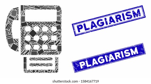 Mosaic fax machine pictogram and rectangular Plagiarism rubber prints. Flat vector fax machine mosaic pictogram of scattered rotated rectangular items.