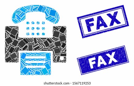 Mosaic fax pictogram and rectangle rubber prints. Flat vector fax mosaic pictogram of scattered rotated rectangle elements. Blue caption rubber stamps with grunge texture.