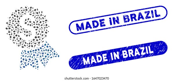 Mosaic featured price tag and distressed stamp watermarks with Made in Brazil text. Mosaic vector featured price tag is formed with scattered ellipse spots. Made in Brazil stamp seals use blue color,