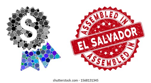 Mosaic featured price tag and rubber stamp watermark with Assembled in El Salvador phrase. Mosaic vector is designed with featured price tag icon and with random circle elements.