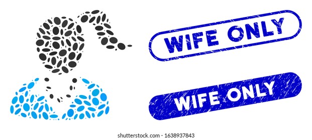 Mosaic female and distressed stamp seals with Wife Only caption. Mosaic vector female is composed with random ellipse spots. Wife Only stamp seals use blue color, and have round rectangle shape.