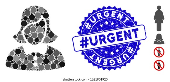 Mosaic female icon and distressed stamp seal with #Urgent text. Mosaic vector is designed from female icon and with random circle items. #Urgent stamp seal uses blue color, and grunge design.