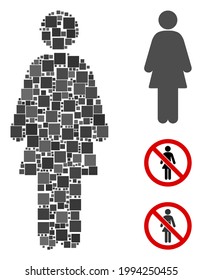 Mosaic Female icon organized from square elements in different sizes and color hues. Vector square elements are arranged into abstract mosaic female icon. Bonus icons are added.