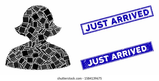Mosaic female icon and rectangular Just Arrived rubber prints. Flat vector female mosaic icon of random rotated rectangular elements. Blue Just Arrived rubber seals with distress textures.