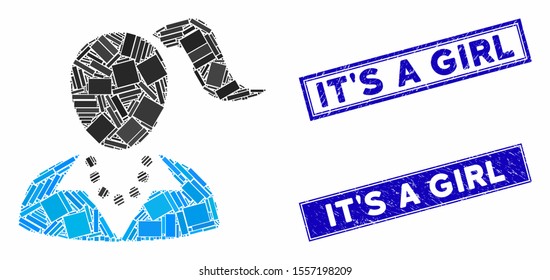 Mosaic female icon and rectangular seals. Flat vector female mosaic icon of randomized rotated rectangle items. Blue caption rubber seals with scratched textures.