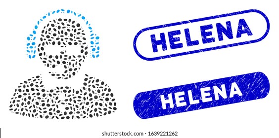Mosaic female operator and corroded stamp seals with Helena text. Mosaic vector female operator is created with randomized elliptic elements. Helena stamp seals use blue color,