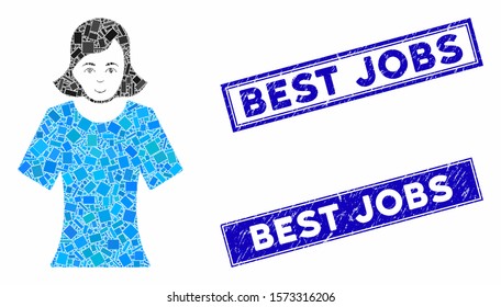 Mosaic female pictogram and rectangular Best Jobs rubber prints. Flat vector female mosaic pictogram of random rotated rectangular elements. Blue Best Jobs rubber seals with distress textures.