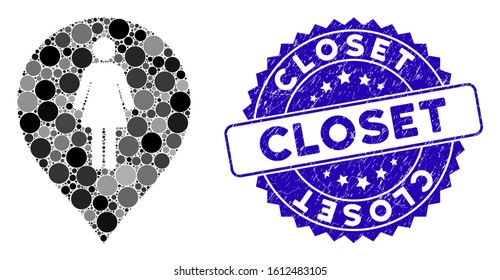 Mosaic female toilet marker icon and corroded stamp seal with Closet caption. Mosaic vector is formed with female toilet marker icon and with scattered circle spots. Closet seal uses blue color,