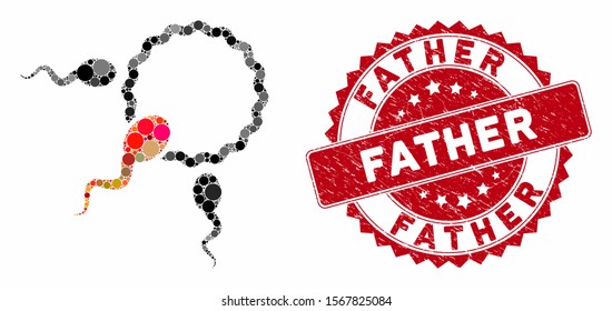 Mosaic fertilization and distressed stamp seal with Father phrase. Mosaic vector is created with fertilization icon and with random circle spots. Father stamp uses red color, and distress surface.
