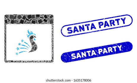 Mosaic festive rooster calendar page and grunge stamp seals with Santa Party phrase. Mosaic vector festive rooster calendar page is composed with random rectangle items.