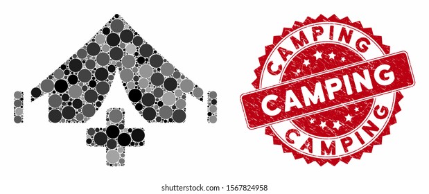 Mosaic field hospital and corroded stamp watermark with Camping phrase. Mosaic vector is designed with field hospital icon and with random spheric spots. Camping stamp seal uses red color,