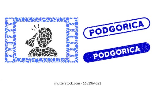Mosaic fight movie and grunge stamp seals with Podgorica caption. Mosaic vector fight movie is formed with randomized oval spots. Podgorica stamp seals use blue color,