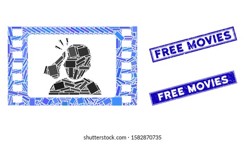Mosaic fight movie icon and rectangular Free Movies rubber prints. Flat vector fight movie mosaic icon of random rotated rectangular items. Blue Free Movies rubber stamps with dirty textures.
