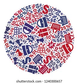 Mosaic filled circle designed with blue and red shopping symbols. Retail combination of mosaic filled circle icon. Flat design for shopping templates.