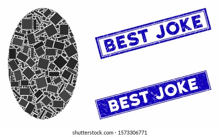 Mosaic filled ellipse pictogram and rectangle Best Joke watermarks. Flat vector filled ellipse mosaic pictogram of scattered rotated rectangle elements.