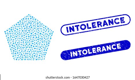 Mosaic filled pentagon and grunge stamp seals with Intolerance phrase. Mosaic vector filled pentagon is created with random ellipse items. Intolerance stamp seals use blue color,