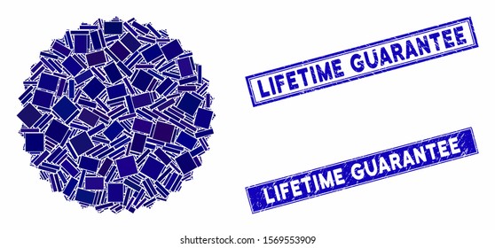 Mosaic filled rosette seal icon and rectangular stamps. Flat vector filled rosette seal mosaic icon of randomized rotated rectangular elements. Blue caption seal stamps with scratched textures.