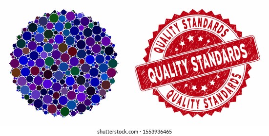 Mosaic filled rosette seal and rubber stamp watermark with Quality Standards text. Mosaic vector is formed with filled rosette seal icon and with randomized circle spots.