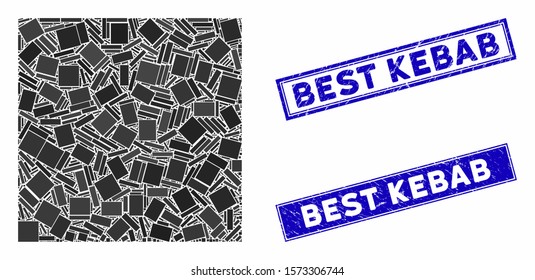 Mosaic filled square pictogram and rectangle Best Kebab watermarks. Flat vector filled square mosaic pictogram of randomized rotated rectangle elements.