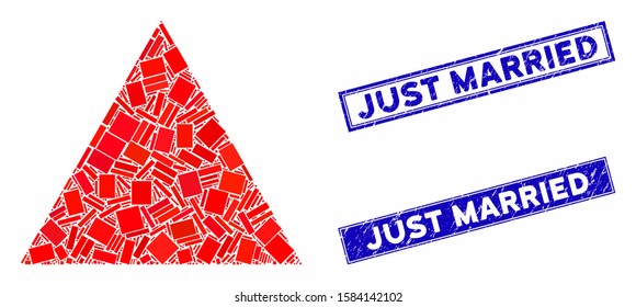 Mosaic filled triangle pictogram and rectangle Just Married seals. Flat vector filled triangle mosaic pictogram of random rotated rectangular items. Blue Just Married rubber seals with rubber texture.