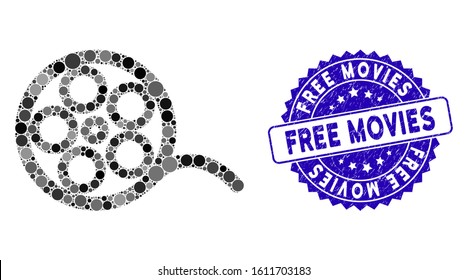 Mosaic film roll icon and grunge stamp watermark with Free Movies caption. Mosaic vector is formed with film roll icon and with scattered spheric items. Free Movies stamp uses blue color,