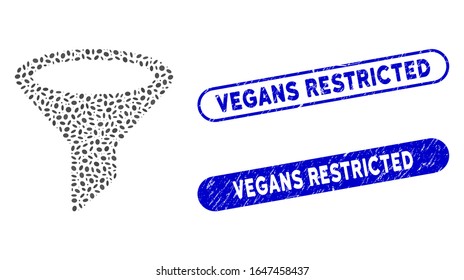 Filtros de mosaico y sellos de estampado de grunge con subtítulos restringidos de Vegans. El filtro vectorial mosaico se crea con piezas de elipse aleatorias. Los sellos de sellos de sello restringidos de los vegetales utilizan el color azul,