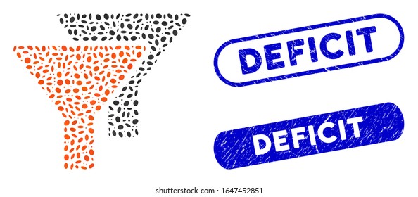 Mosaic filters and grunge stamp seals with Deficit text. Mosaic vector filters is created with random ellipse spots. Deficit stamp seals use blue color, and have round rectangle shape.
