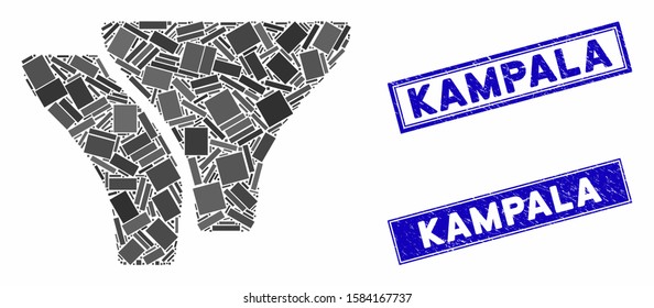 Mosaic filters icon and rectangular Kampala seal stamps. Flat vector filters mosaic icon of scattered rotated rectangular items. Blue Kampala rubber stamps with scratched textures.