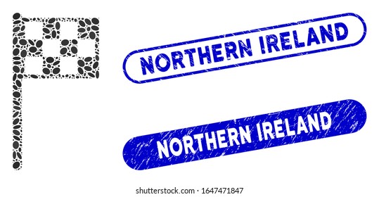 Mosaic final flag and rubber stamp seals with Northern Ireland text. Mosaic vector final flag is composed with scattered oval spots. Northern Ireland stamp seals use blue color,
