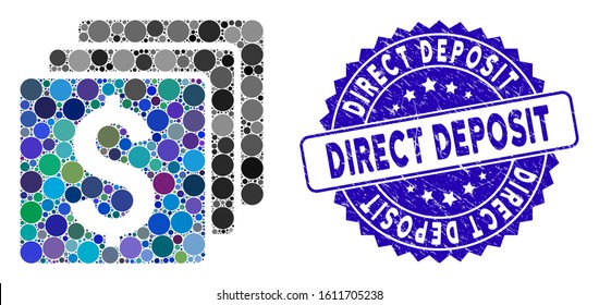 Mosaic Finances Icon And Distressed Stamp Seal With Direct Deposit Caption. Mosaic Vector Is Formed With Finances Icon And With Random Round Spots. Direct Deposit Stamp Seal Uses Blue Color,