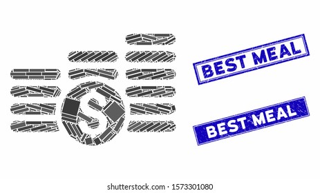 Mosaic finances pictogram and rectangle Best Meal stamps. Flat vector finances mosaic pictogram of scattered rotated rectangle items. Blue Best Meal seal stamps with grunged textures.
