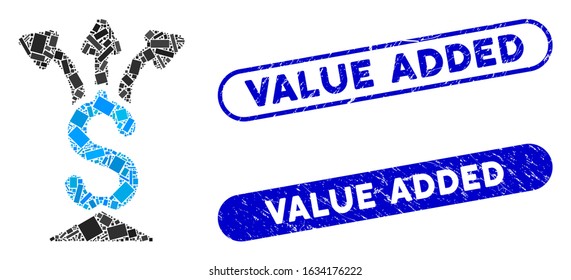 Mosaic financial aggregator and grunge stamp watermarks with Value Added phrase. Mosaic vector financial aggregator is formed with randomized rectangle items. Value Added stamp seals use blue color,