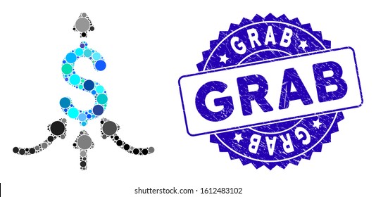 Mosaic financial aggregator icon and rubber stamp watermark with Grab phrase. Mosaic vector is created with financial aggregator icon and with scattered circle spots. Grab stamp seal uses blue color,