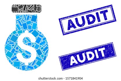 Mosaic financial alchemy pictogram and rectangle Audit seals. Flat vector financial alchemy mosaic pictogram of random rotated rectangle elements. Blue Audit rubber seals with grunged textures.