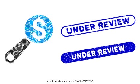 Mosaic financial audit and distressed stamp seals with Under Review caption. Mosaic vector financial audit is formed with scattered rectangle items. Under Review stamp seals use blue color,