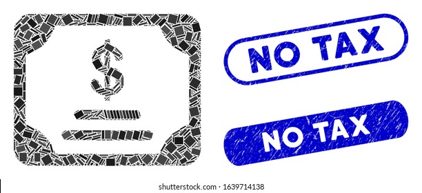 Mosaic financial bond icon and red round grunge stamp seal with No Tax phrase and coronavirus symbol. Mosaic vector is created with financial bond icon and with random spheric elements.