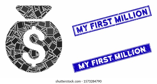 Mosaic financial capital pictogram and rectangle My First Million seal stamps. Flat vector financial capital mosaic pictogram of scattered rotated rectangle elements.