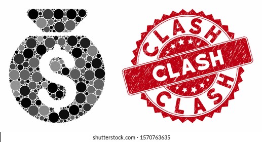 Mosaic financial capital and rubber stamp seal with Clash text. Mosaic vector is composed with financial capital icon and with random round spots. Clash stamp seal uses red color,