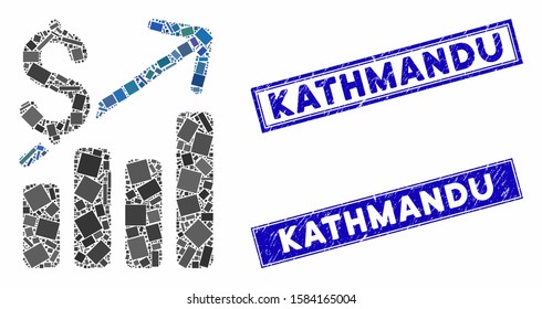 Mosaic financial chart icon and rectangle Kathmandu seal stamps. Flat vector financial chart mosaic icon of scattered rotated rectangle elements. Blue Kathmandu seal stamps with distress surface.