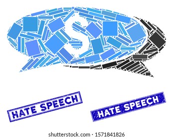 Mosaic financial chat icon and rectangular Hate Speech stamps. Flat vector financial chat mosaic icon of randomized rotated rectangular elements. Blue Hate Speech seal stamps with grunged texture.