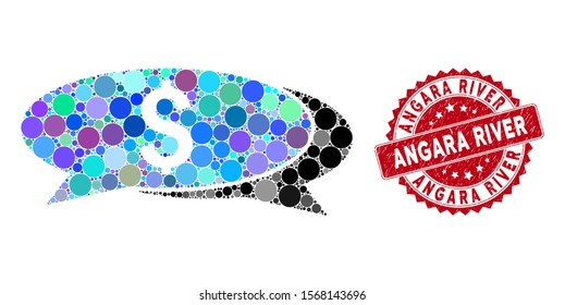 Mosaic financial chat and rubber stamp seal with Angara River text. Mosaic vector is composed with financial chat icon and with randomized spheric items. Angara River stamp seal uses red color,