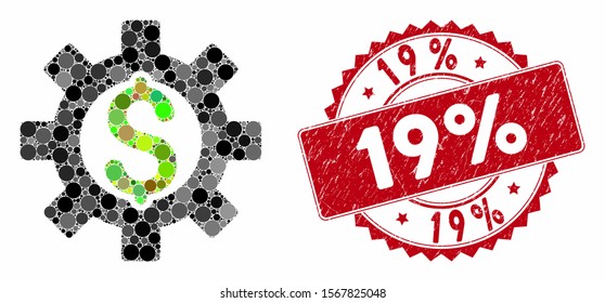 Mosaic financial development and corroded stamp seal with 19% caption. Mosaic vector is formed with financial development icon and with randomized spheric spots. 19% stamp seal uses red color,