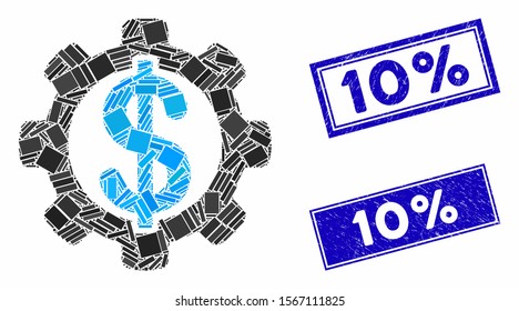 Mosaic financial development gear icon and rectangle stamps. Flat vector financial development gear mosaic pictogram of randomized rotated rectangle items.