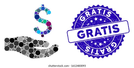 Mosaic financial donation icon and rubber stamp seal with Gratis phrase. Mosaic vector is composed with financial donation icon and with random round elements. Gratis stamp seal uses blue color,