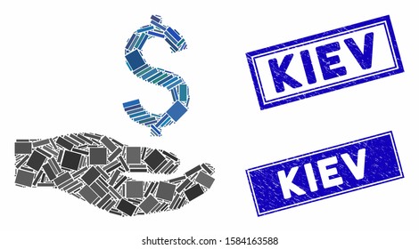 Mosaic financial donation pictogram and rectangular Kiev rubber prints. Flat vector financial donation mosaic pictogram of scattered rotated rectangular elements.