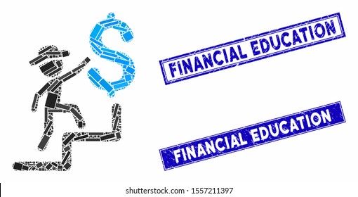 Mosaic financial education pictogram and rectangular rubber prints. Flat vector financial education mosaic pictogram of random rotated rectangular items. Blue caption rubber seals with dirty texture.