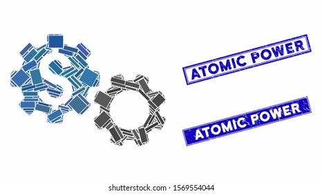 Mosaic financial gears icon and rectangle seal stamps. Flat vector financial gears mosaic pictogram of random rotated rectangle elements. Blue caption stamps with corroded textures.