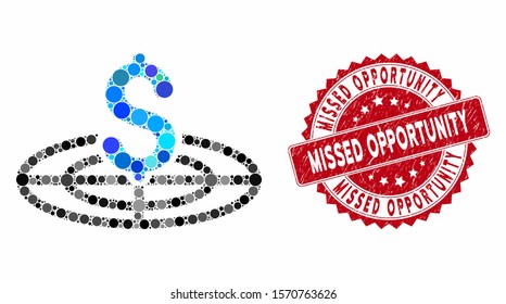 Mosaic Financial Goal And Distressed Stamp Seal With Missed Opportunity Caption. Mosaic Vector Is Created With Financial Goal Icon And With Scattered Round Elements.